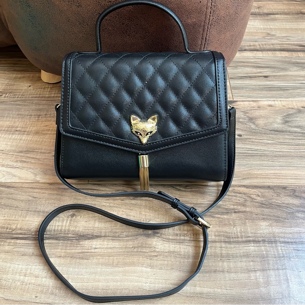 FOXER Quilted Black Faux Leather Purse – Gold Fox Clasp, Top Handle & Strap